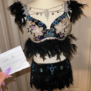 Handmade Rhinestone and Feather mini skirt set/ rave / festival